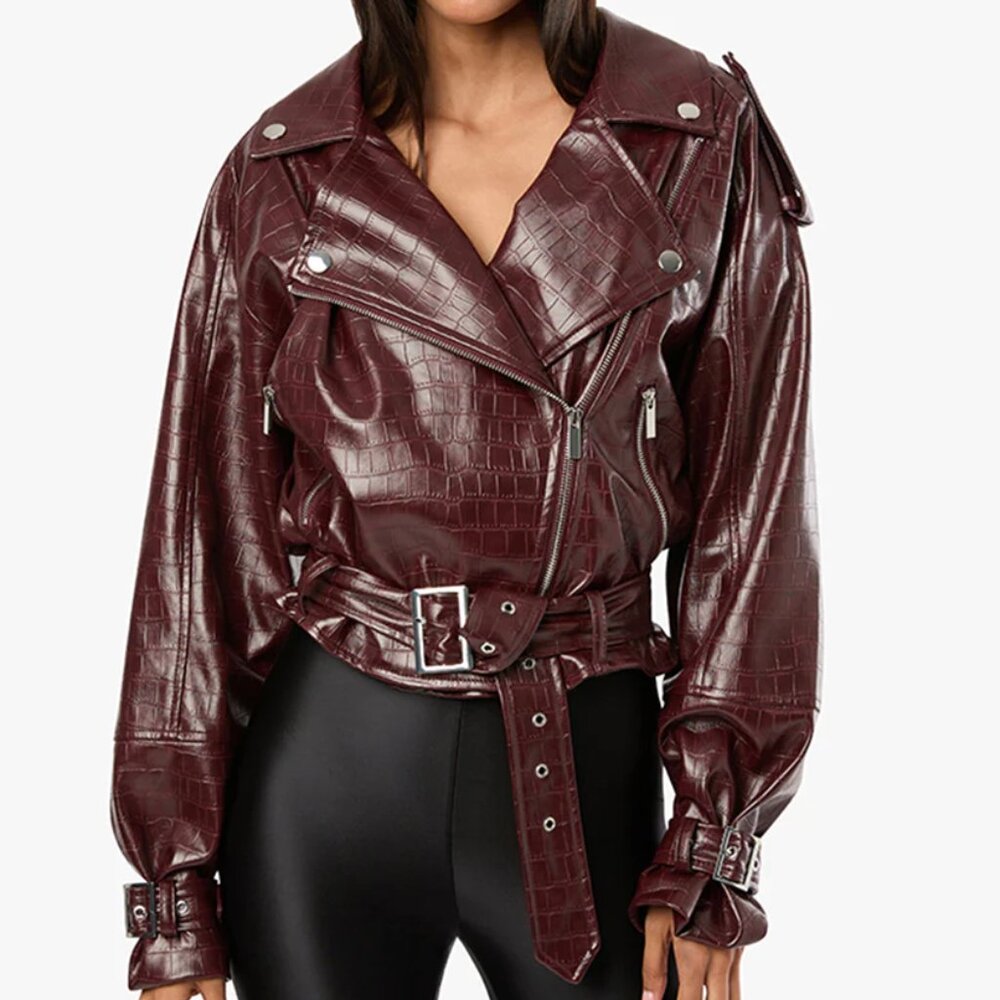 WeWoreWhat Cropped Moto Jacket - Merlot, Sz Sml [SOLD OUT]